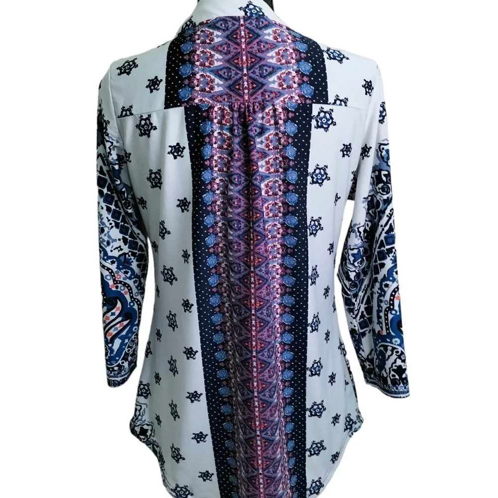(309) Carolyn Taylor Zipper Front Multicolor Printed Blouse Size L